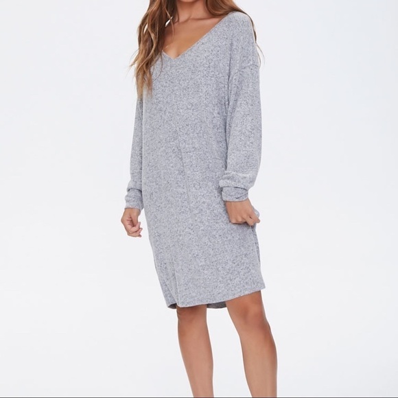 NEW-CAPELLA Marled Knit,Deep V-Neck, LongSleeve,Shift Mini Dress Heather Gray LG - Picture 8 of 12